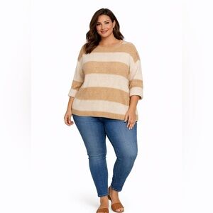 Misia 1X Tan Cream Striped Knit Sweater Button Back Cozy Neutral